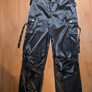 Women's Black Satin Cargo Pants
